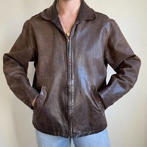 East West Leather Mens Made in San Francisco Brown Full Zip Bomber Jacket Sz L